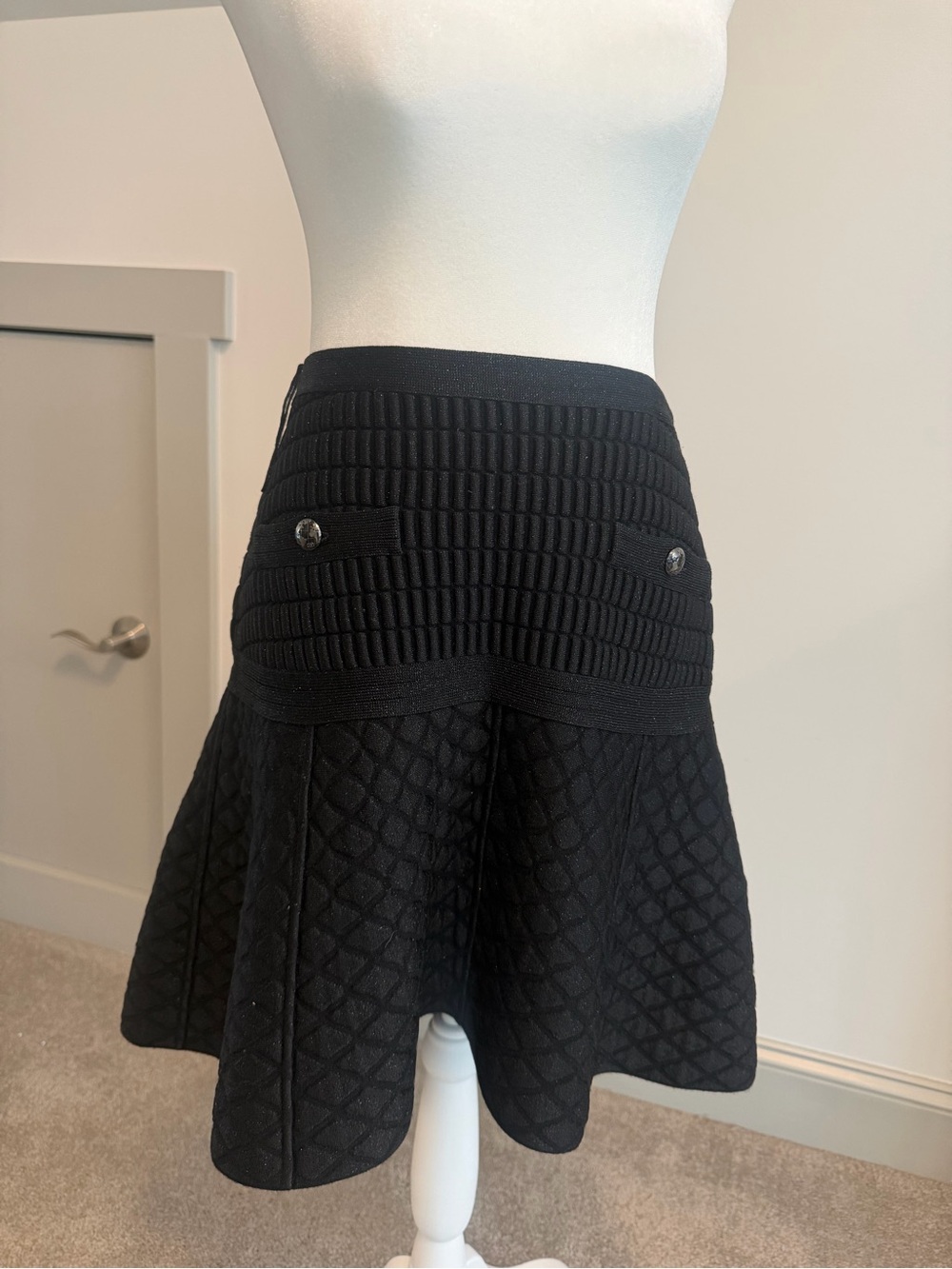 CHANEL Black Quilted Drop Waist Knit Skirt Silver CC Globe Buttons Fits US 8 10